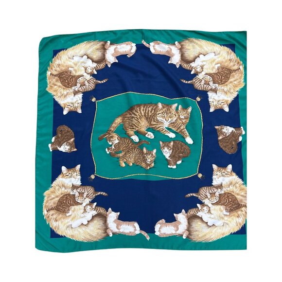 Vintage Symphony Scarfs Cat Print Polyester Scarf 34.5" Square Headwear - Picture 1 of 6